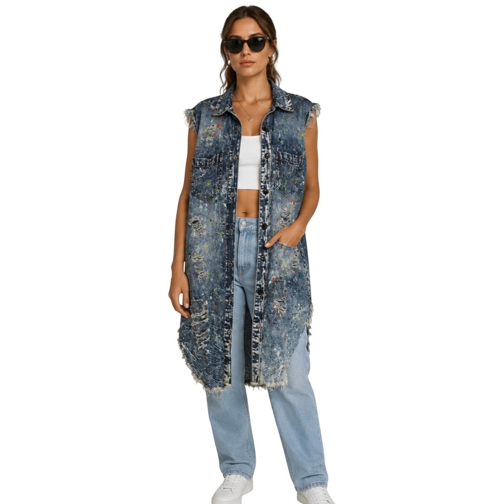 Kroix Distressed Paint Splatter Denim Vest Small Acid Wash Ladder Back Punk Rock